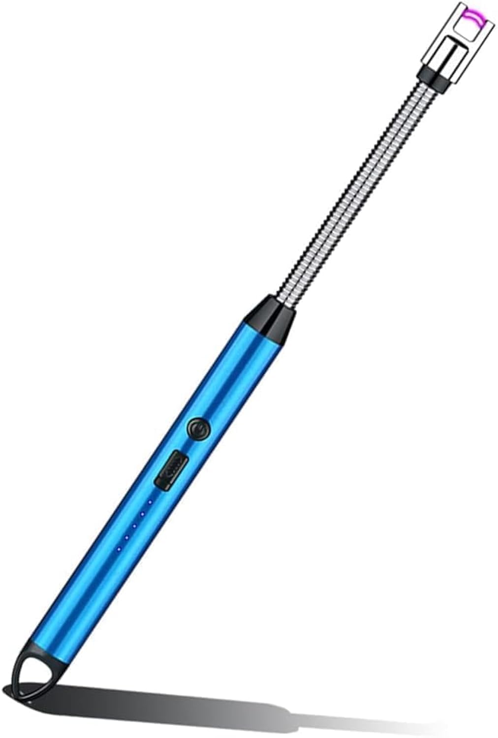 Electric rechargeable arc lighter with flexible neck, USB-powered, windproof design in blue.