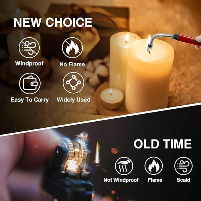 Comparison of new windproof electric lighter vs. old flame lighter for safe and easy ignition.