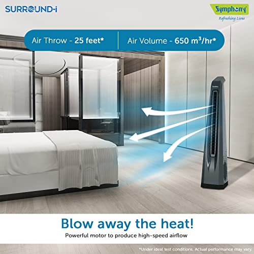Symphony Surround-i High Speed Bladeless Technology Tower Fan for Home With Touchscreen Control Panel, Remote, and Swivel Action (Grey)