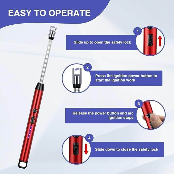 Instructions for using the Arc Lighter: open safety lock, ignite, release button, close safety lock.