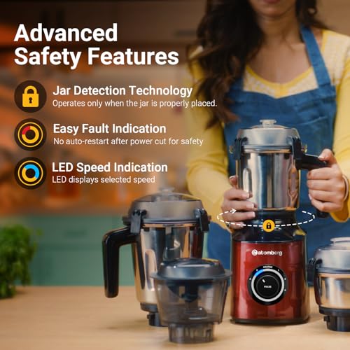 Atomberg Zenova Mixer Grinder with Unique Coarse Mode | Advanced Safety Features | 4 Jars including Chopper Jar with Hands Free Operation (Red Wine)