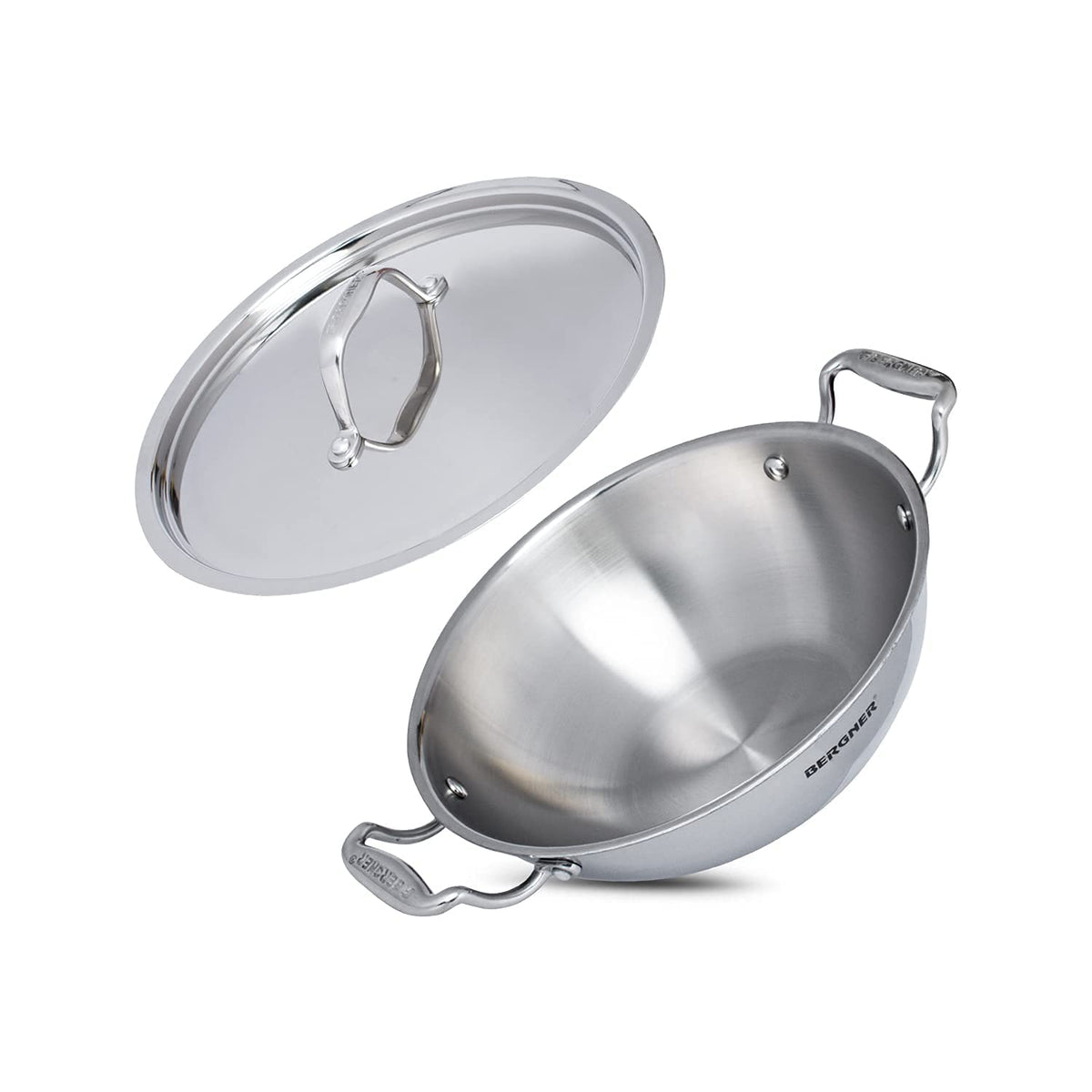 Bergner Argent Triply Deep Kadai, Stainless Steel Lid, For Sauté/Deep Fry/Gravy/Stir Fry/Steam, Heat Resistant Handles, Multi-Layered Mirror Finish, Induction &amp; Gas Ready, 5-Year Warranty