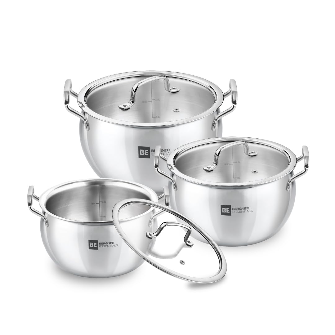 Bergner Essentials Tri-Ply Stainless Steel Rice Handi with Lid, Small, Induction & Gas Ready, 5-Year Warranty