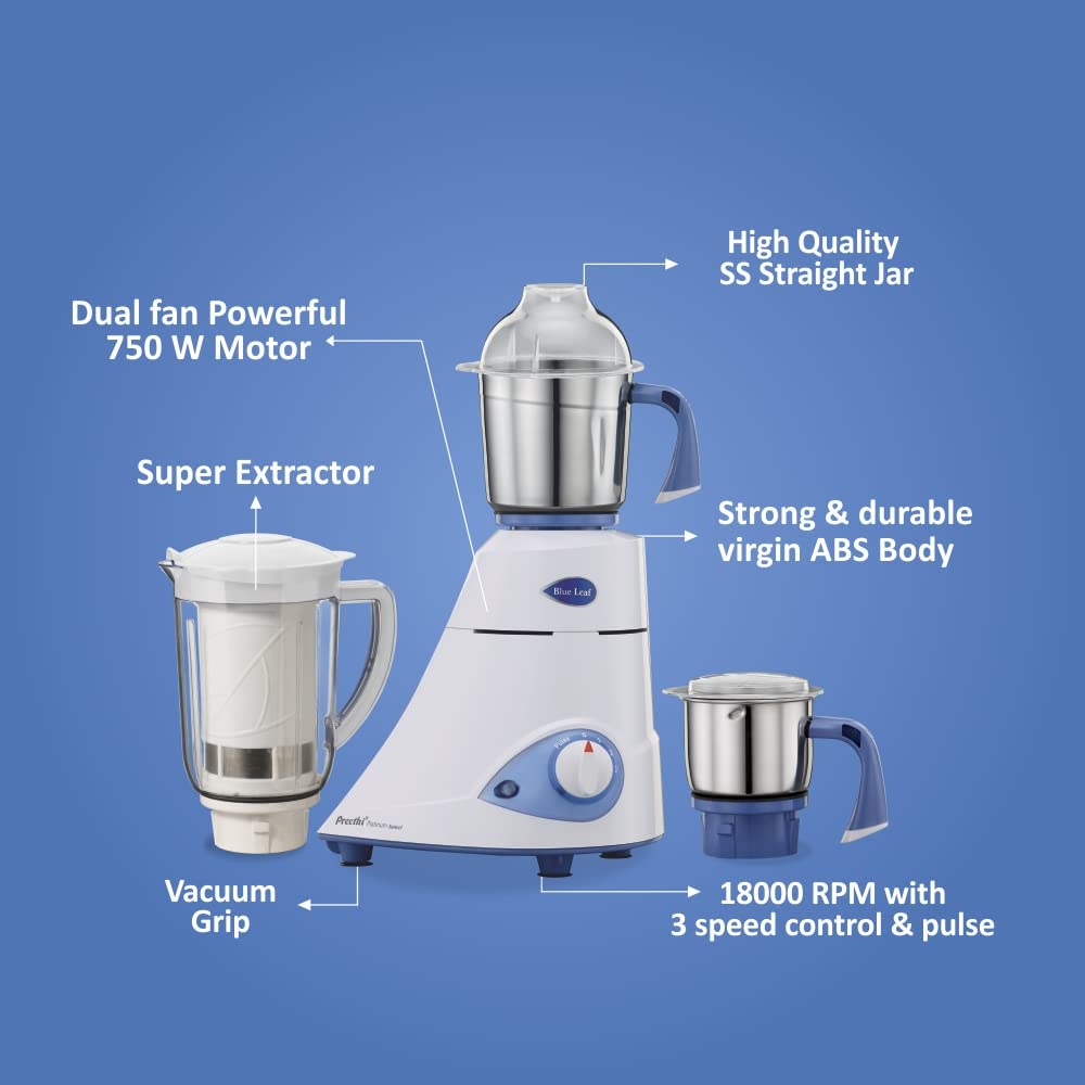 Preethi Blue Leaf Platinum Select Juicer Mixer Grinder for Kitchen|750 Watt Mixie, 3 Jars| 2 Yr Product Gurantee & Lifelong Free ServiceBlue (MG 226)