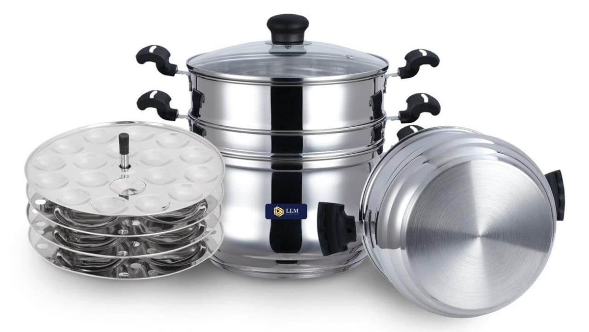 LLM Stainless Steel 5-in-1 Multi-Purpose Steamer with Idly Plates, Steamer Bowl &amp; Strainer Bowl | Induction &amp; Standard Idli Maker (4 Plates)