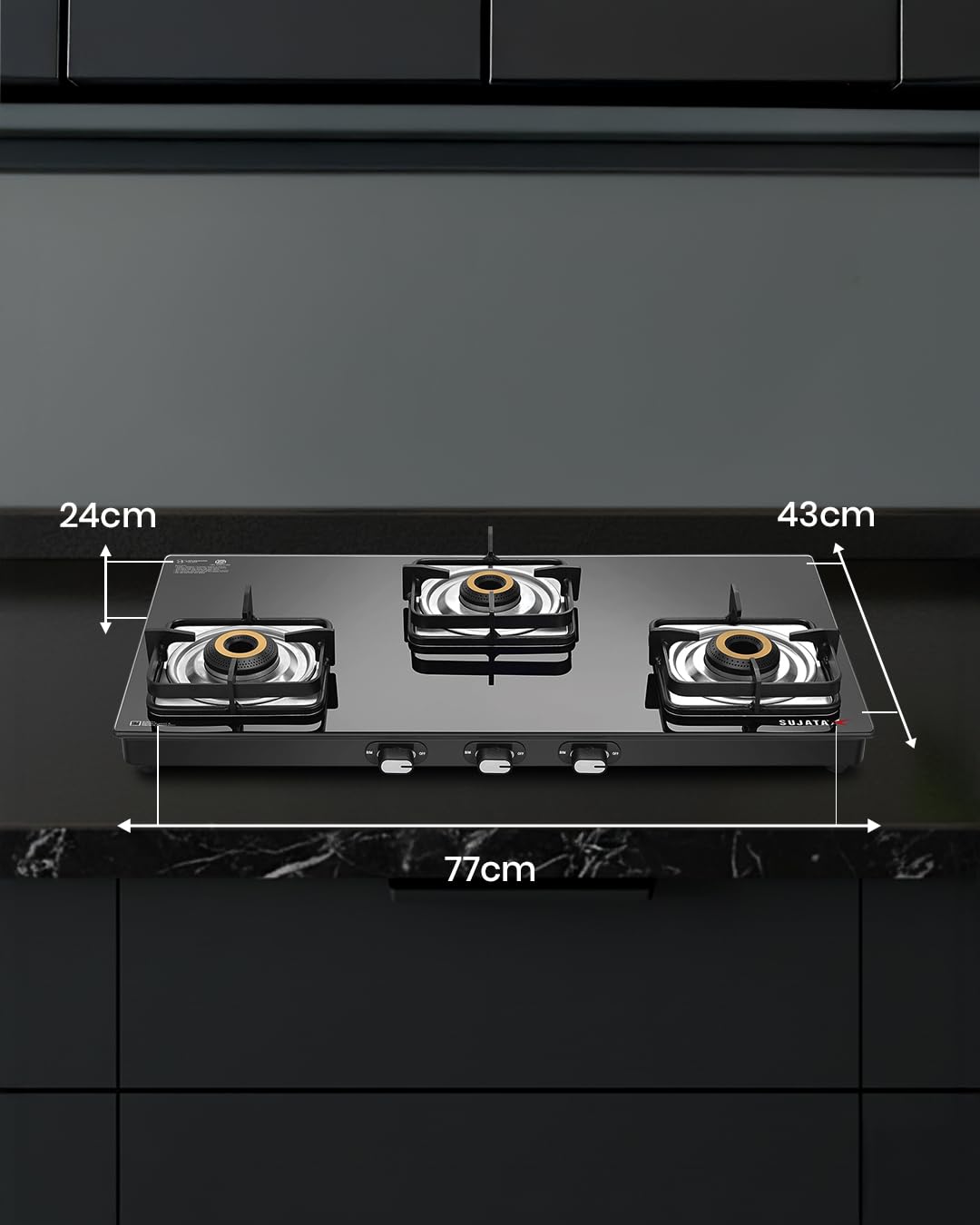 Sujata 3 burner gas stove with 8mm toughened glass top for Indian kitchens