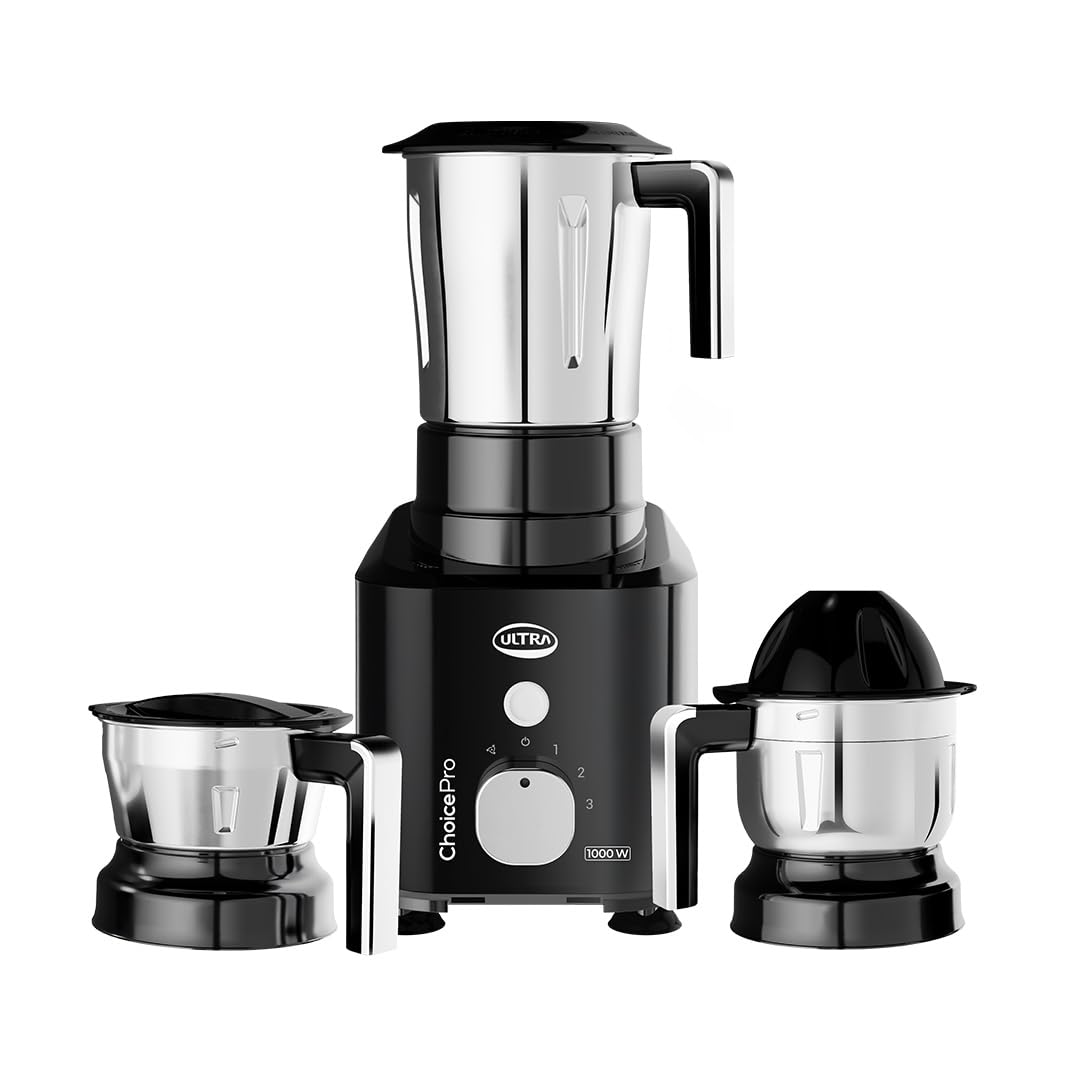 Ultra Choice Pro 1000W black mixer grinder with three stainless steel jars