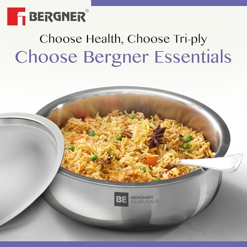BE Bergner Essentials Tri-Ply Stainless Steel Biryani Handi with Lid, Even Heat Distribution, 5-Year Warranty