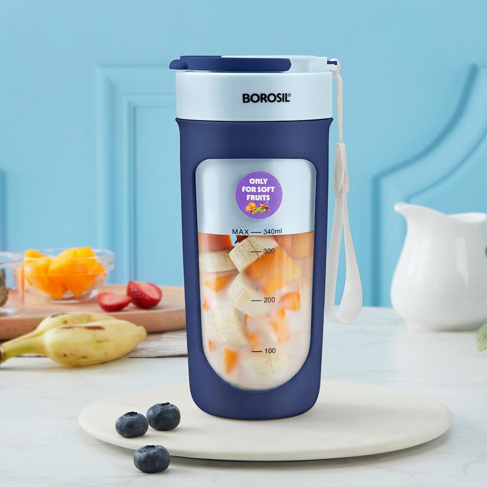 Borosil NutriSip Blue Portable Blender 40W with 340ml USB rechargeable jar