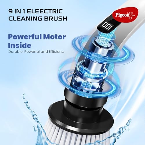 Pigeon Flexi motorized cleaning brush showing 9 interchangeable brush heads for all surfaces