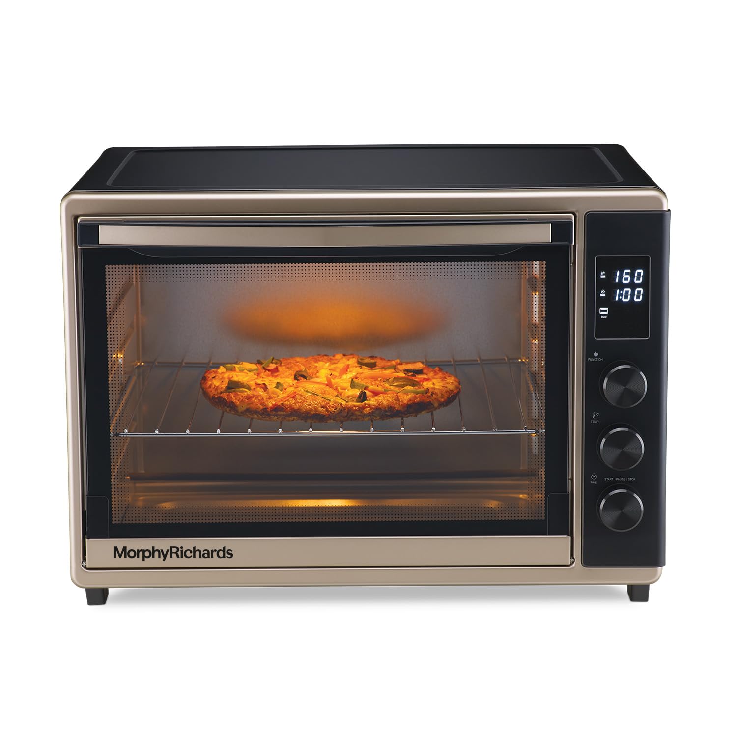 Front view of Morphy Richards Digital OTG baking vegetable pizza with heating elements on, displaying temperature 160°C and timer 100 minutes on digital panel