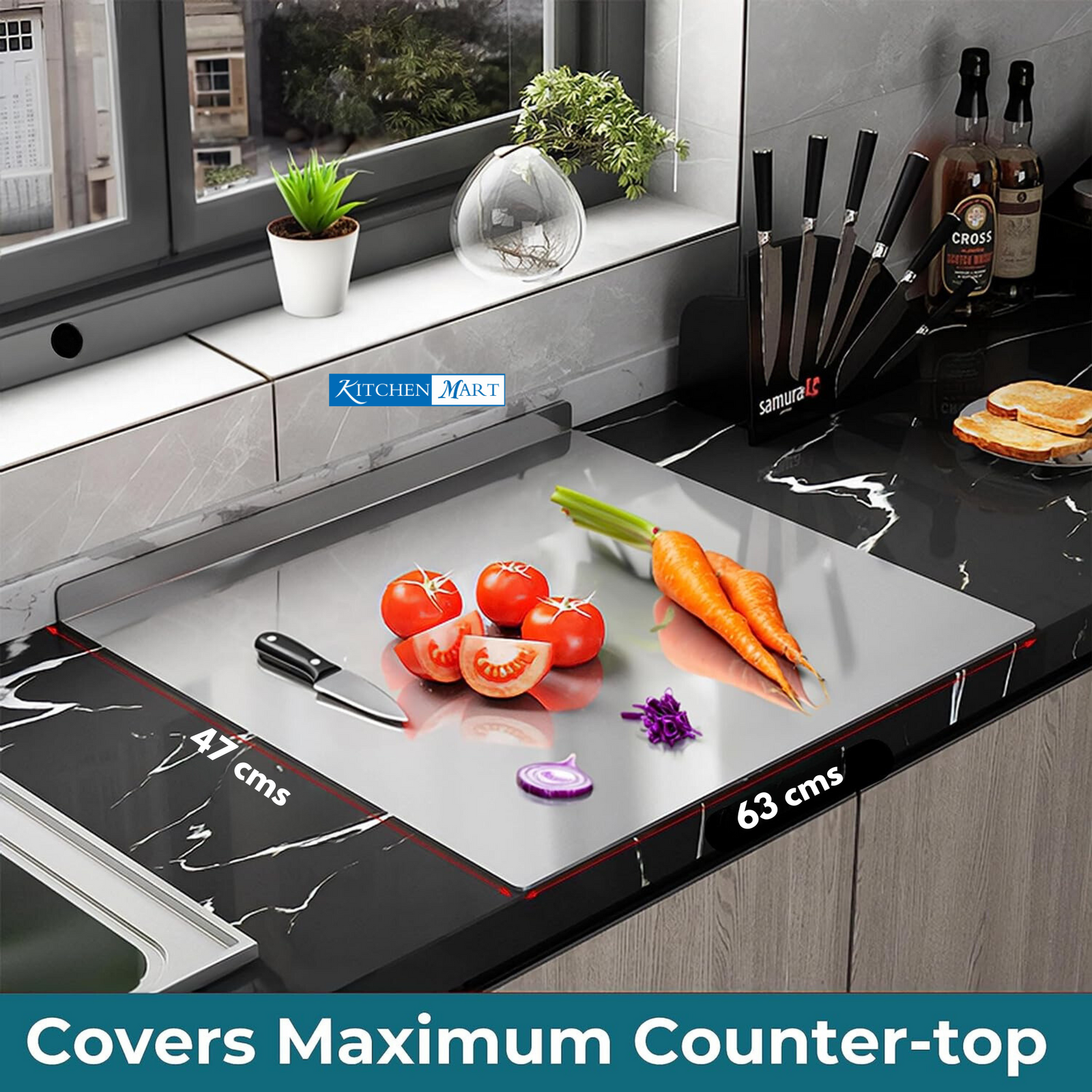 Kitchen mart Counter Top Chopping Board Stainless Steel Worktop Platform Round Edge, Baking, Heavy Extra Large (63 Cm Wide x 47 Cm Deep +25 Mm Bend