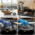 Cleaning process with scrubber on a stove, sink, and countertop.