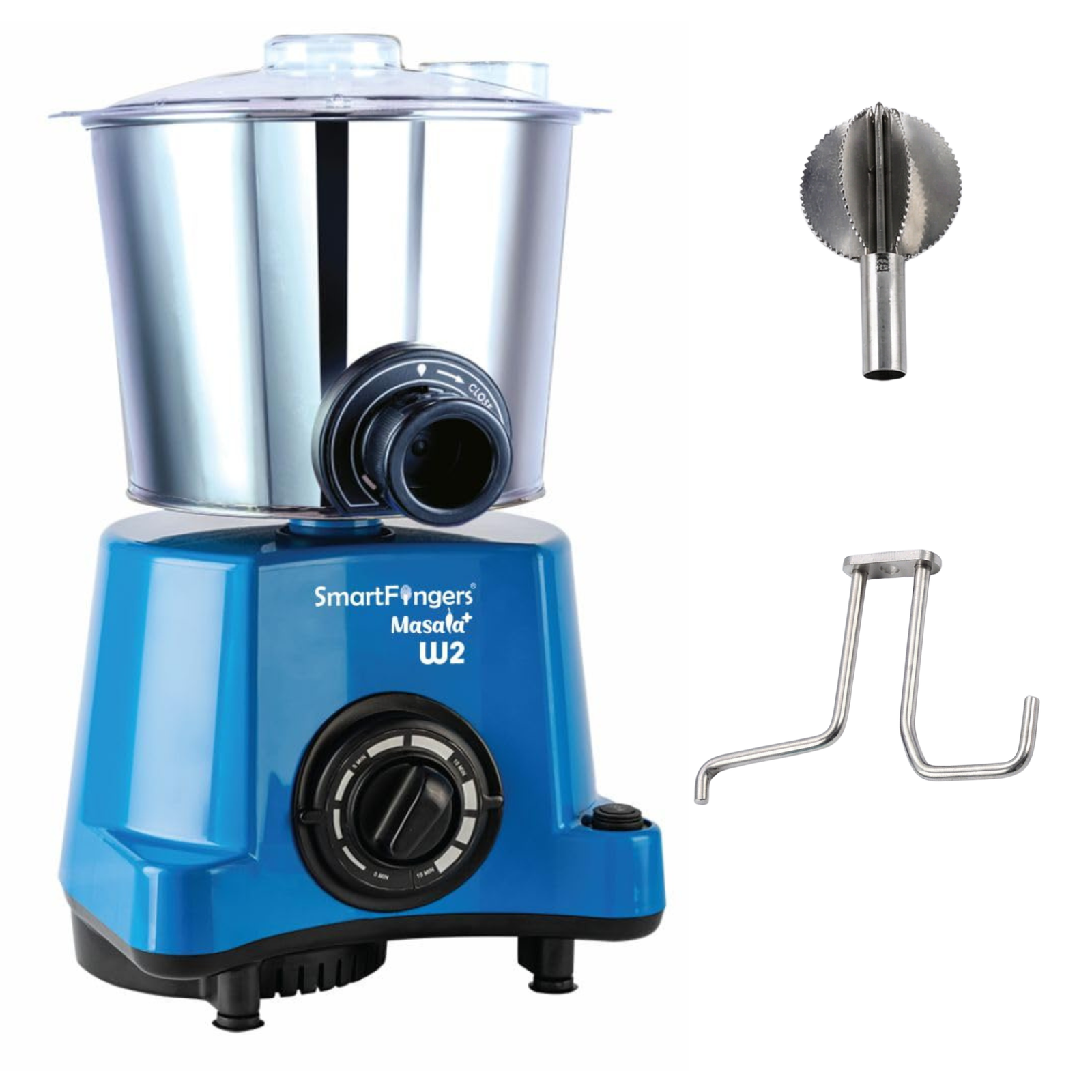 SmartFingers Masala + ' W2 ' Table Top Masala Wet Grinder 230V 50hz, 2 Liter, Blue with atta kneader and coconut scrappers