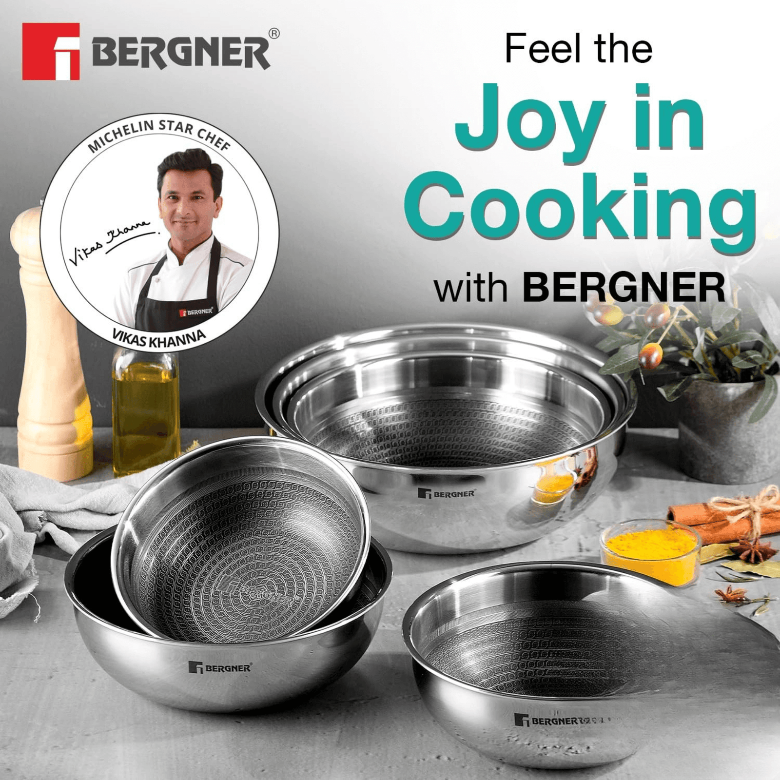 Bergner Hitech Giro Triply Stainless Steel 6PC Tasra Set with Steel Guard Technology