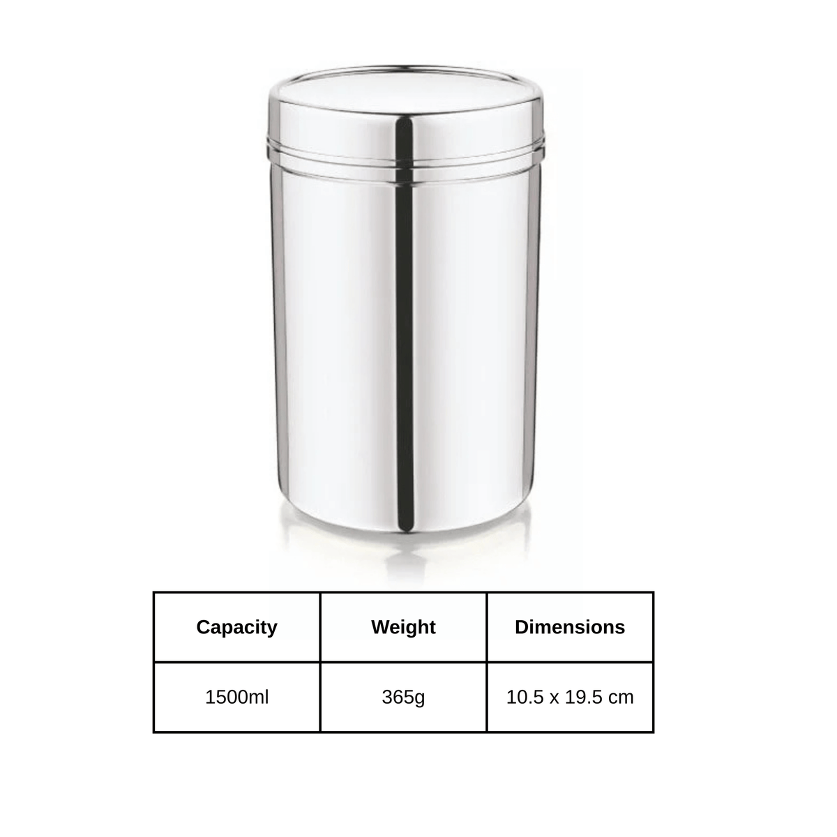 Mukti 1500ml stainless steel storage jar with mirror polish finish, dimensions 10.5 x 19.5 cm, durable and food-safe.