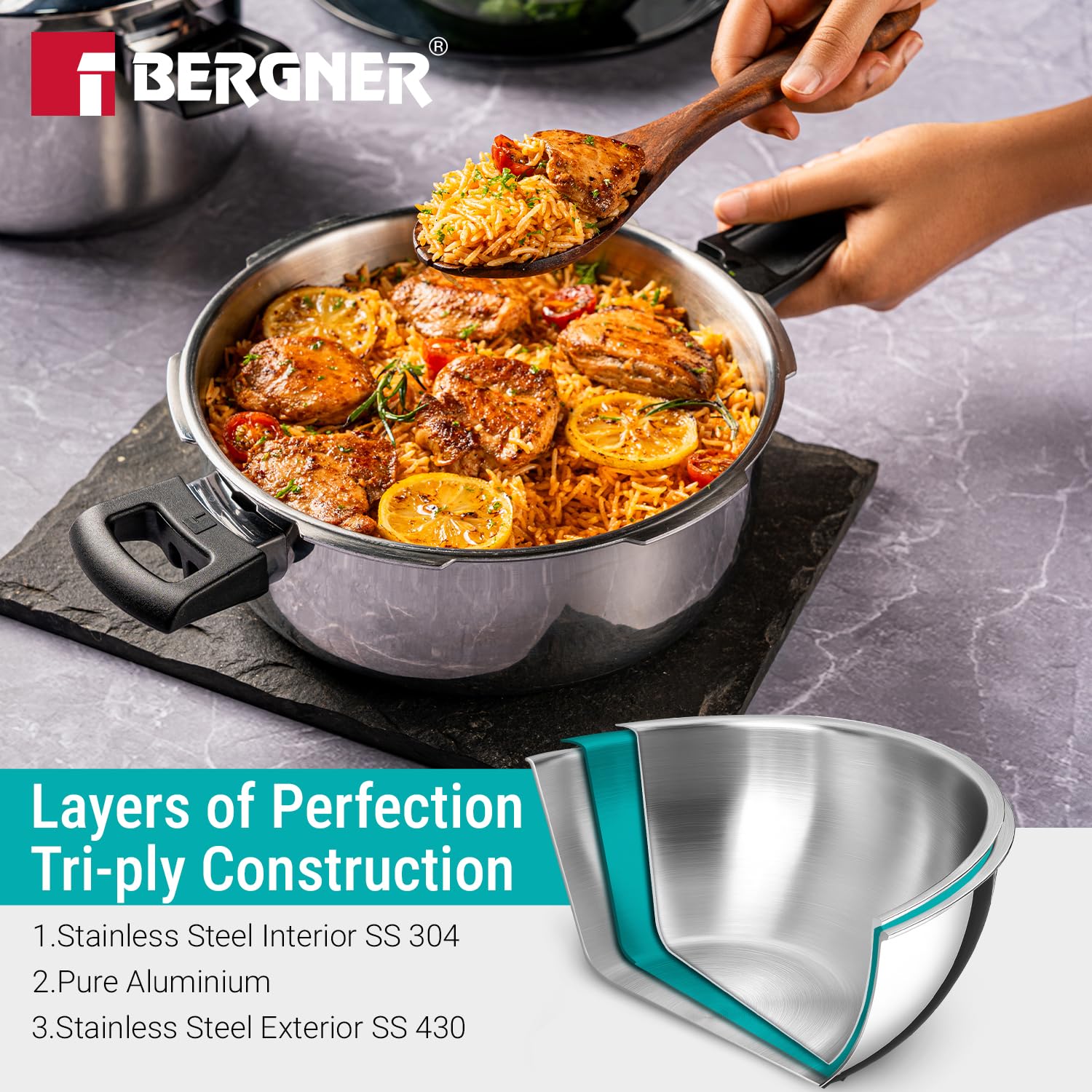 Bergner Argent Classic Triply Stainless Steel Pressure Cooker - Premium Quality