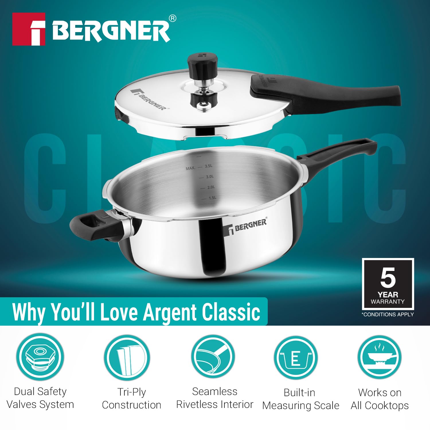 Bergner Argent Classic Triply Stainless Steel Pressure Cooker - Premium Quality