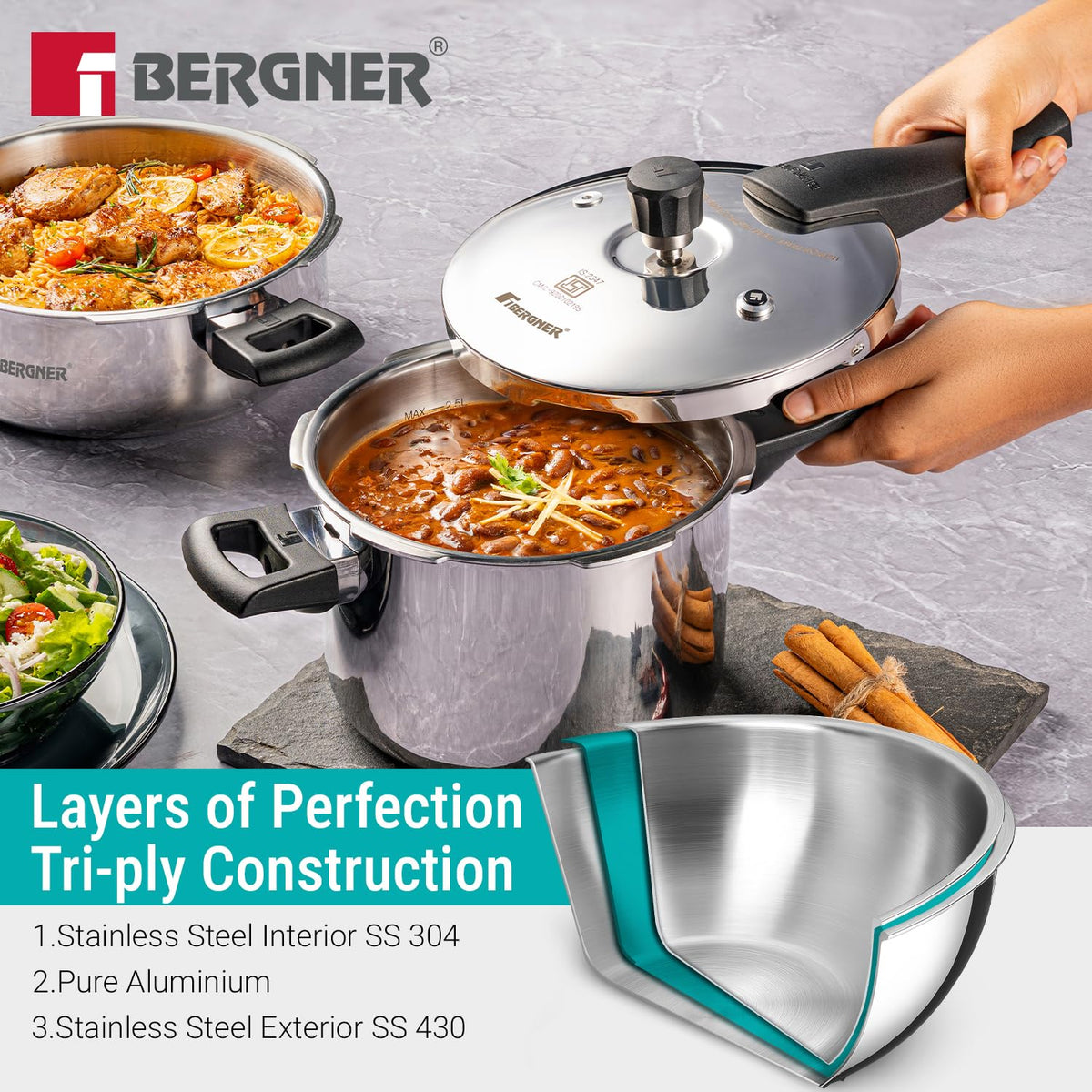 Bergner Argent Classic Triply Stainless Steel Pressure Cooker - Premium Quality