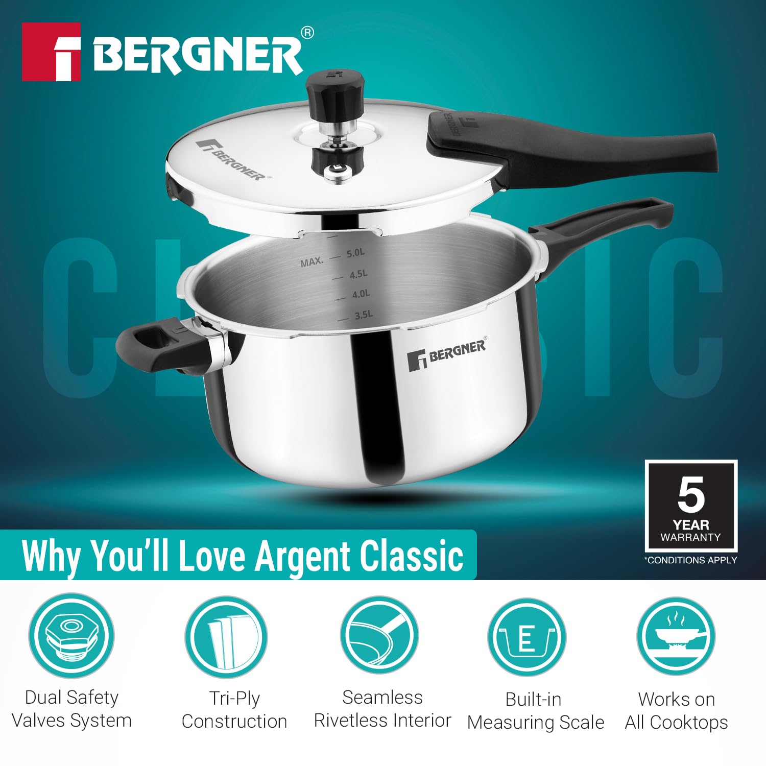 Bergner Argent Classic Triply Stainless Steel Pressure Cooker - Premium Quality