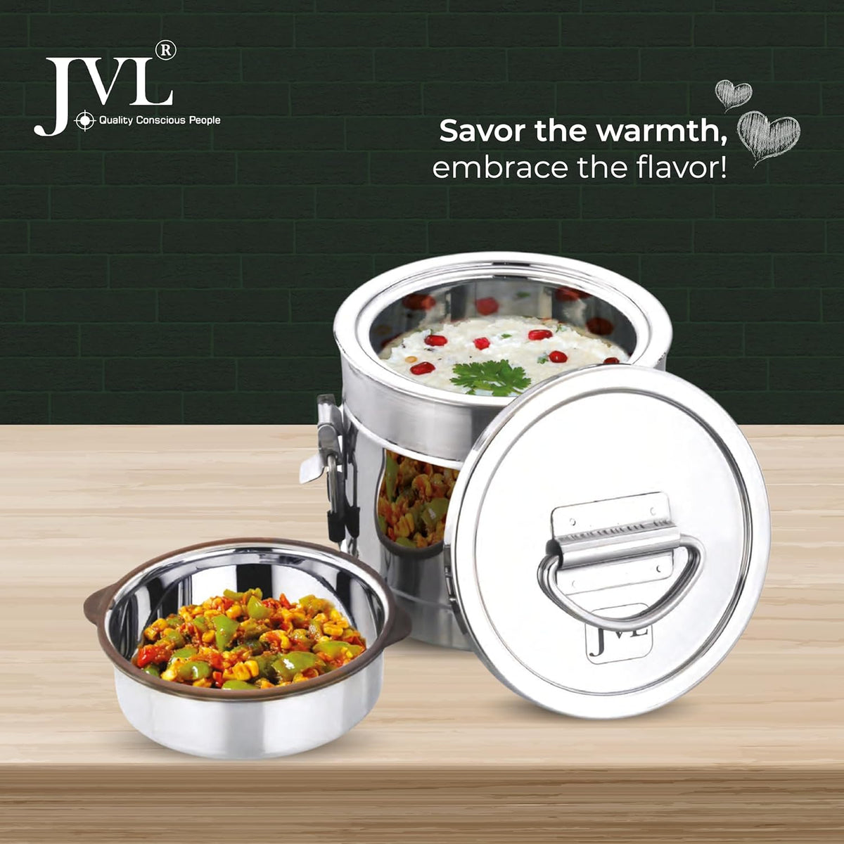 JVL Classicware Stainless Steel Insulated Hot Lunch Jar | Double-Wall | Leak-Proof | Spoon & Carry Bag
