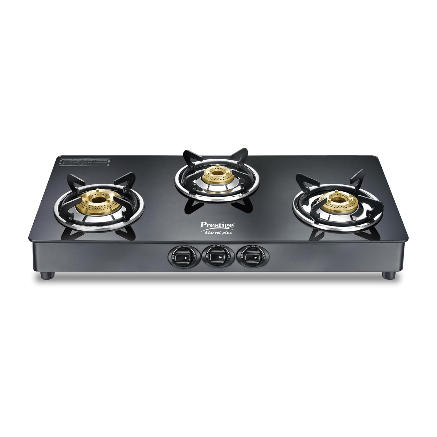 Prestige Marvel Plus 3 Burner Gas Stove with toughened black glass top and brass burners