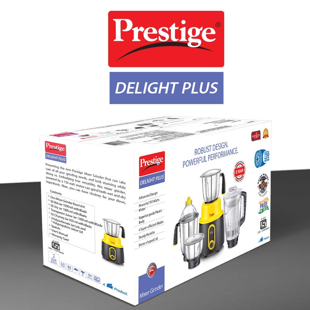 Prestige Delight Plus 750W Mixer Grinder | 3 SS Jars & 1 Juicer Jar