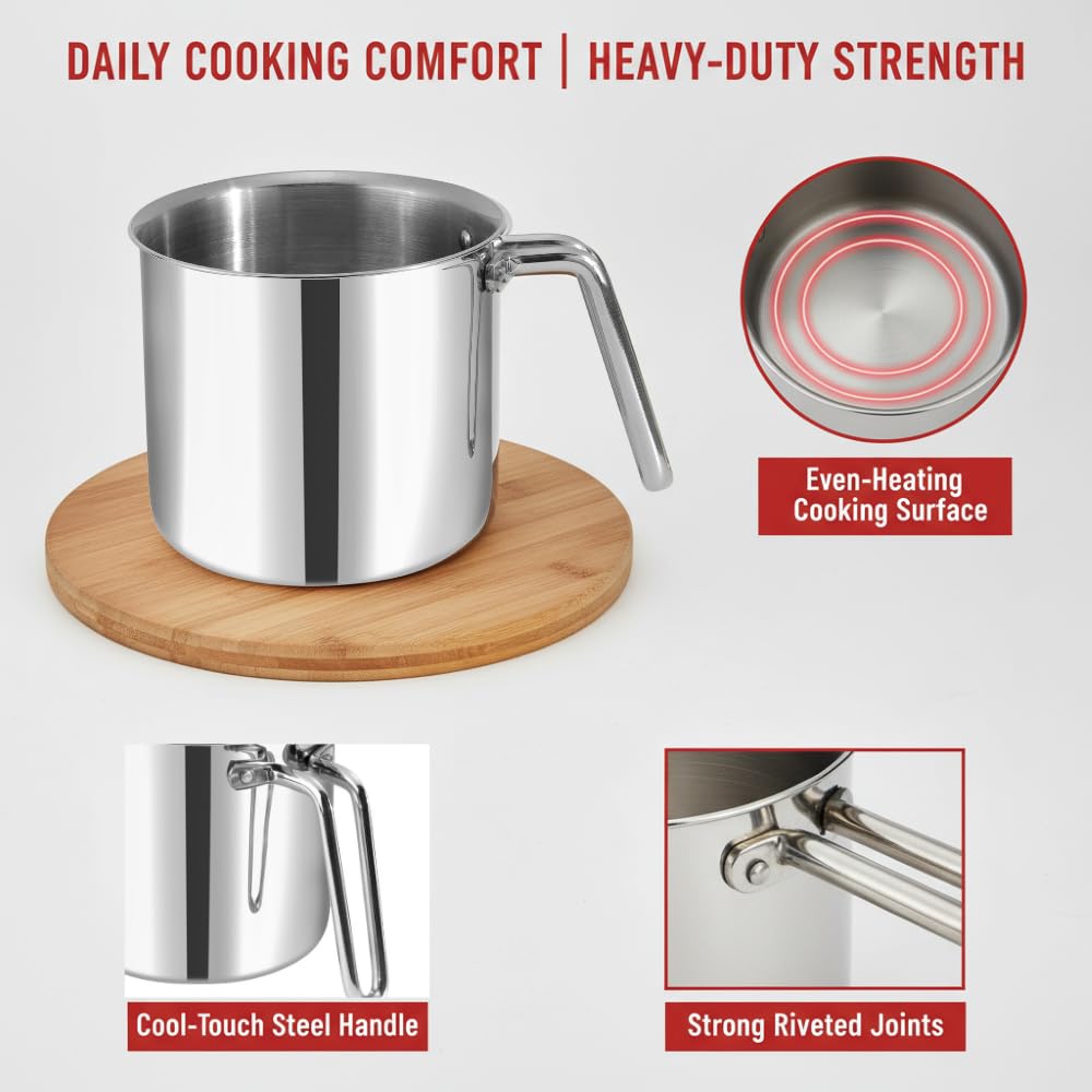 Vinod Platinum milk pot showing 2.5 mm thick base and even heating surface