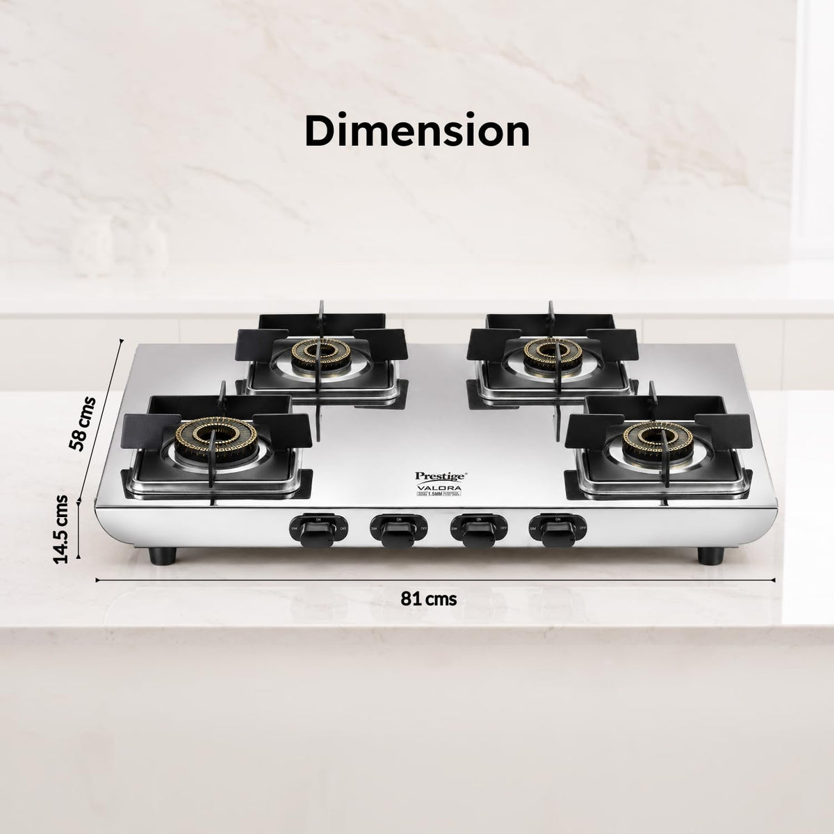 Prestige Valora 04B Stainless Steel Body L.P. Gas Stove 4 Brass Burners Silver|Wind Guard Pan Support|360° Revolving Nozzle|Removable Spill Tray