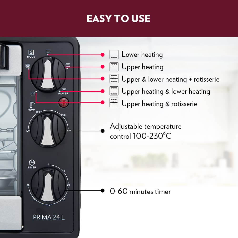 Borosil Prima 24L OTG | Motorized Rotisserie & Convection Heating | 5 Heating Modes