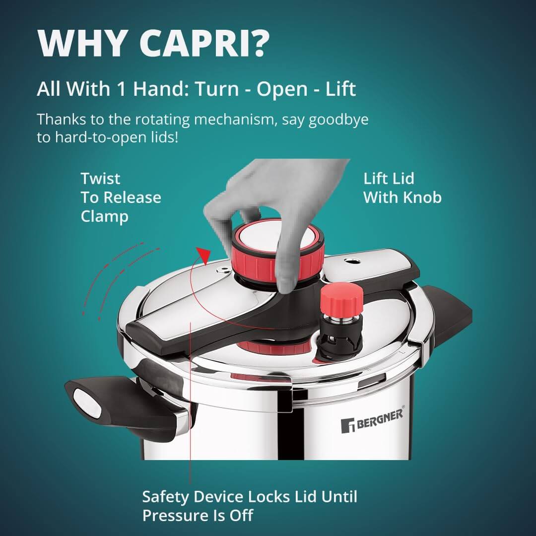 5L Bergner pressure cooker featuring triply construction and ergonomic handle