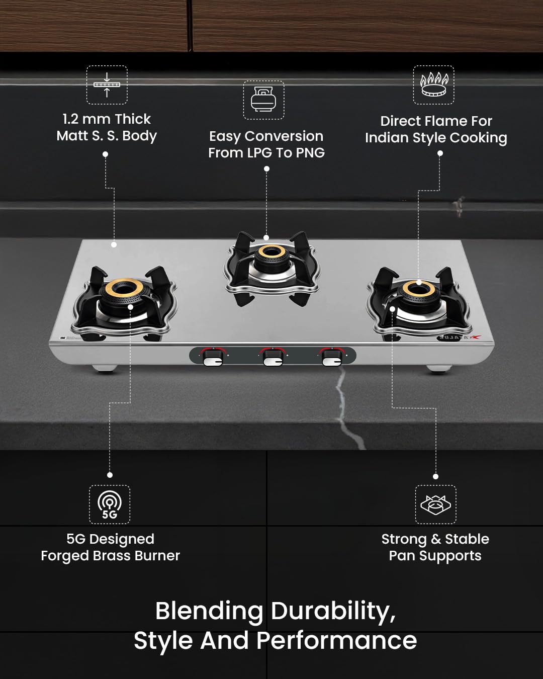 Sujata gas stove 3 burner stainless steel with ergonomic smooth grip knobs
