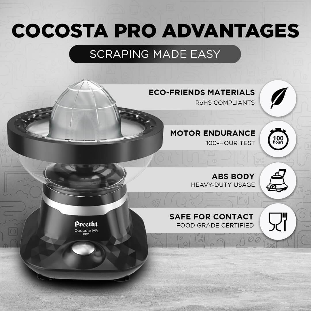 Preethi KP002 electric coconut scraper showing safety switch and silicon cap