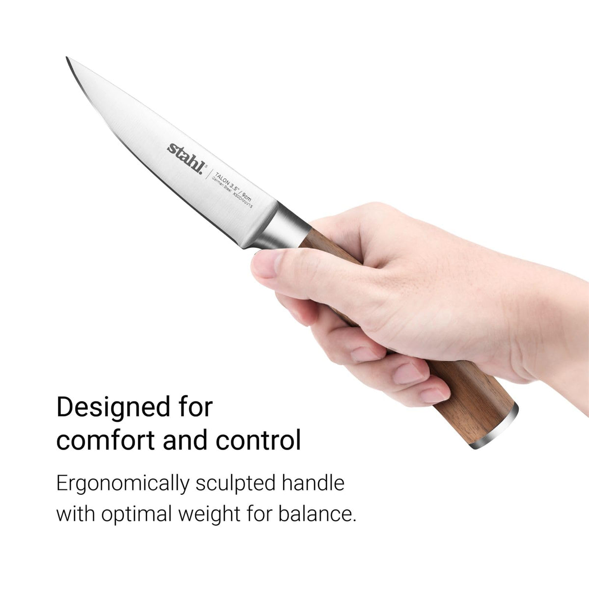 Walnut wood handle detail on the Stahl Talon paring knife showing natural grain