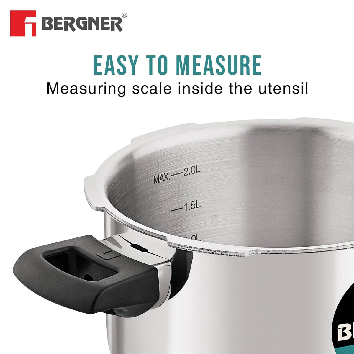 Bergner Trimax tri-ply pressure cooker set showing induction bottom and safety features