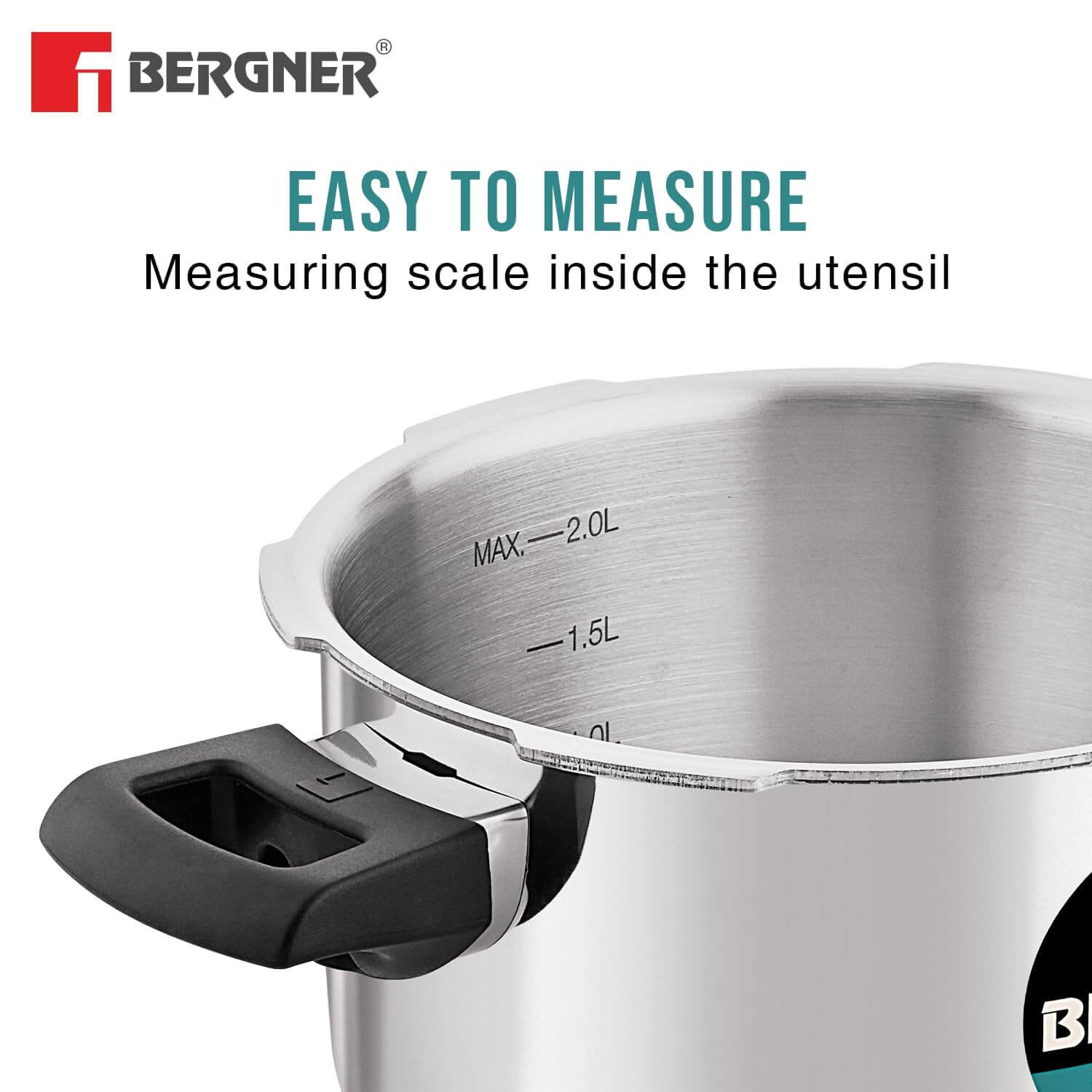 Bergner Trimax tri-ply pressure cooker set showing induction bottom and safety features