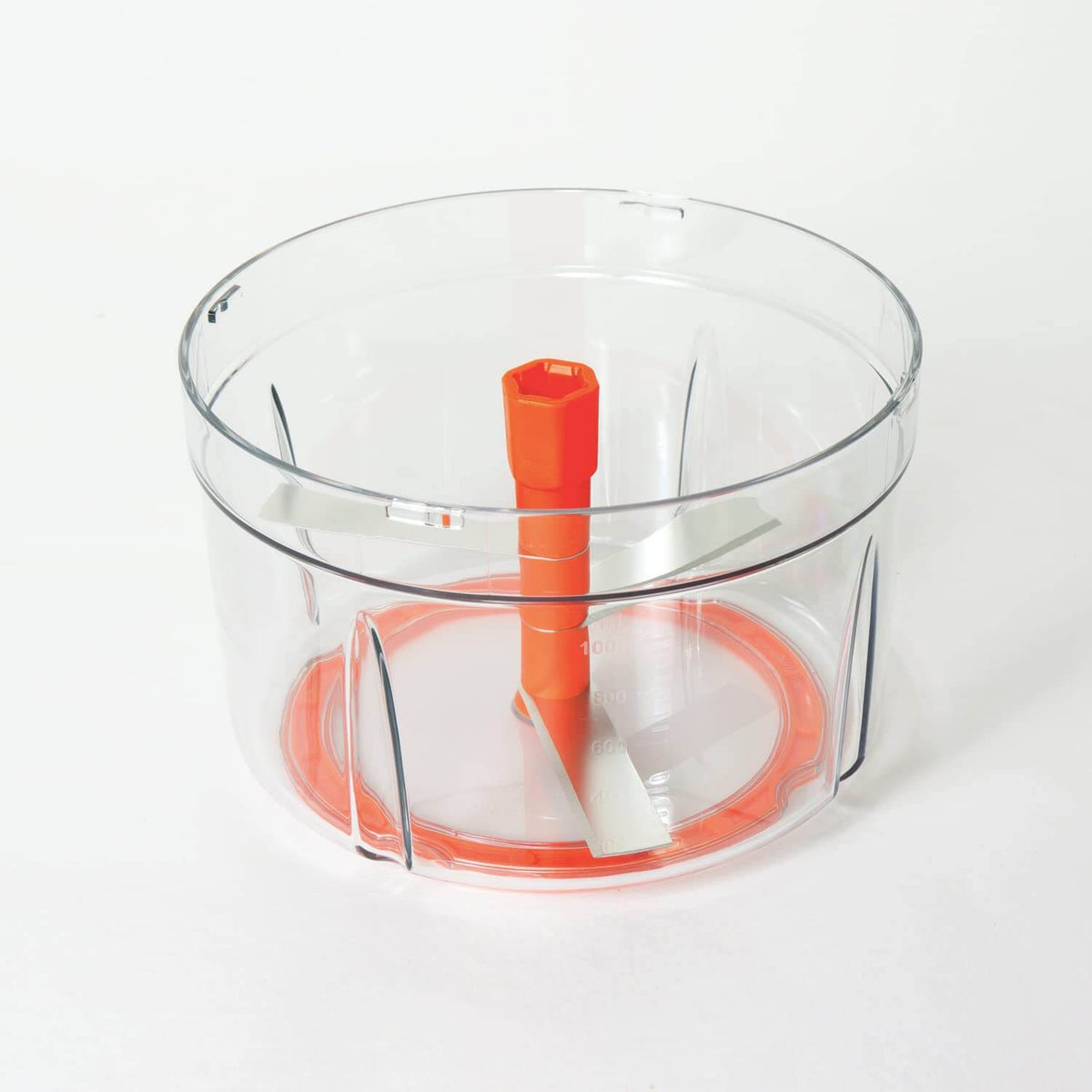 Meyer 2 Speed Pulling Chopper clear bowl with orange center post and sharp stainless steel blades for efficient vegetable chopping.