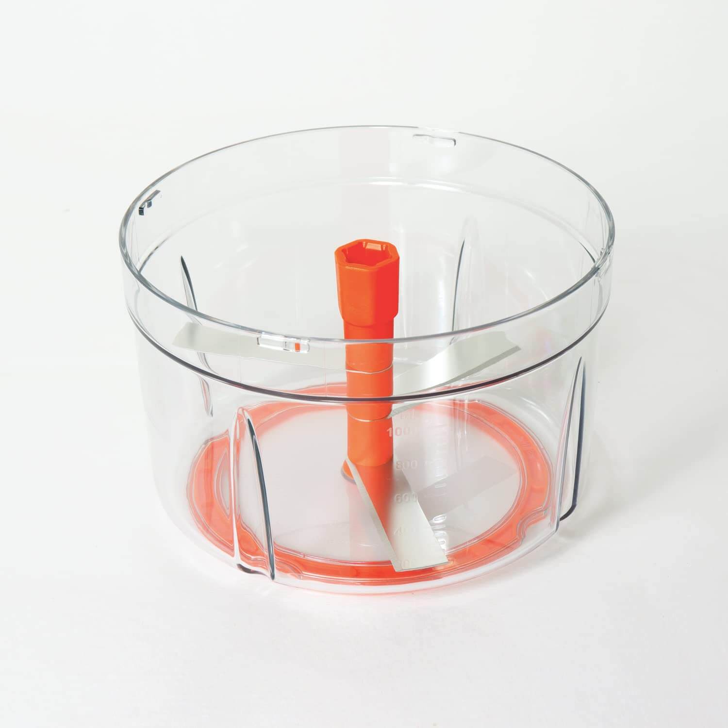 Meyer 2 Speed Pulling Chopper clear bowl with orange center post and sharp stainless steel blades for efficient vegetable chopping.