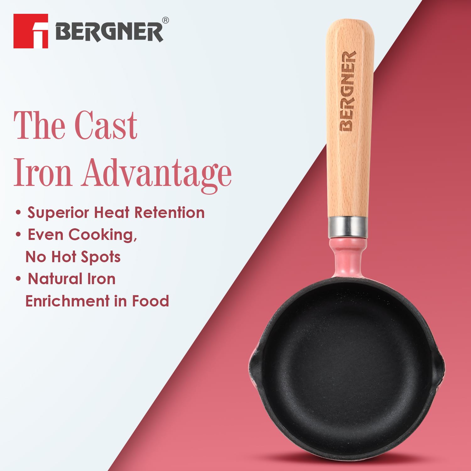 Indian tadka pan in pink enamel by Bergner with 5-year warranty, induction and gas compatible
