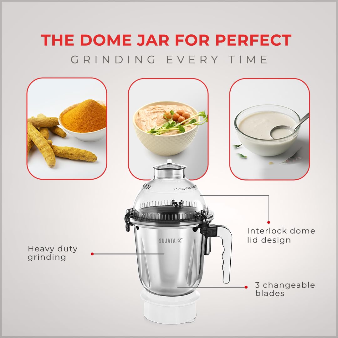 Sujata Dynamix 1.5 litre dome blending jar with interlock lid and 3 changeable blades for heavy duty grinding
