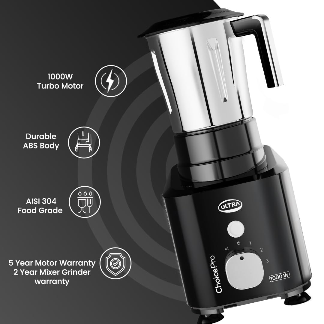 Premium Ultra Choice Pro black mixer grinder with 0.5L, 0.8L, 1.5L capacity jars