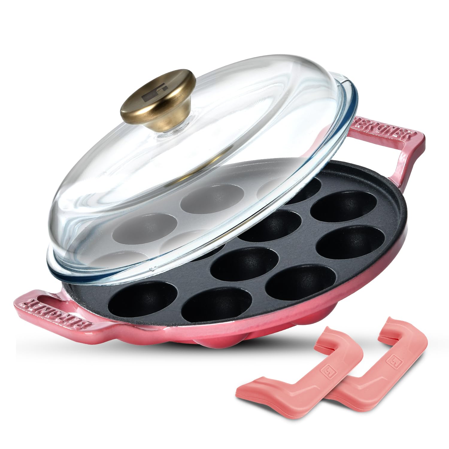 BERGNER Excalibur lightweight cast iron paniyarakal 22cm with 12 pits in pink colour
