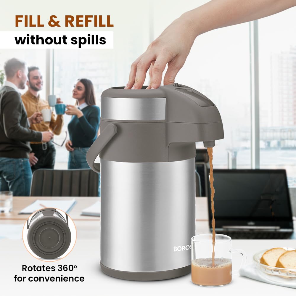 Borosil Hydra Airpot 3 L Stainless Steel Vacuum Insulated Beverage Dispenser with Handle, Pump, 360° Rotation Mechanism & Safety Lock, Leak Proof 24 Hrs Hot & Cold Tea/Coffee Serving Thermos Flask