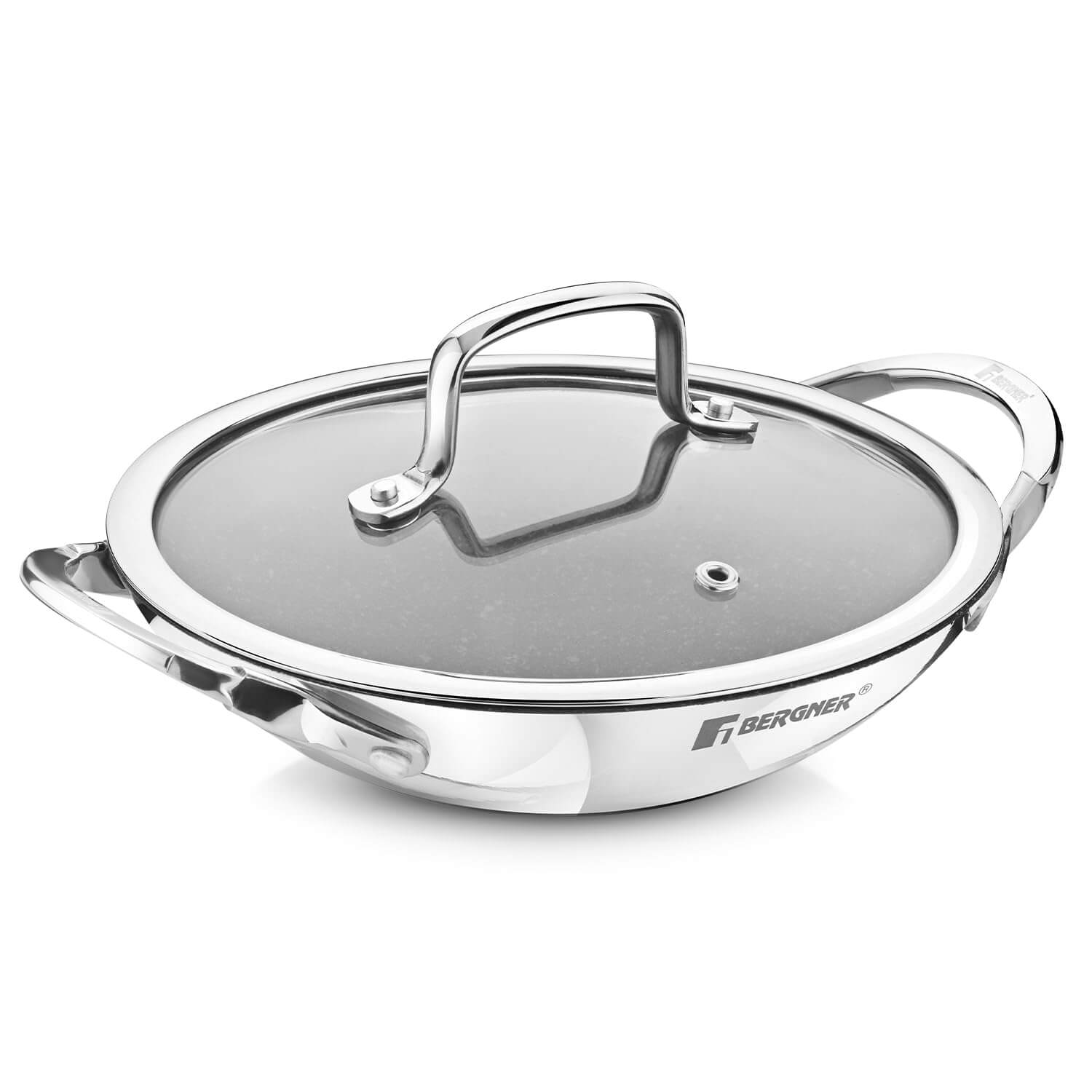 Bergner Argent Samsara Triply Stainless Steel Appachetty 21cm with glass lid and non-stick coating