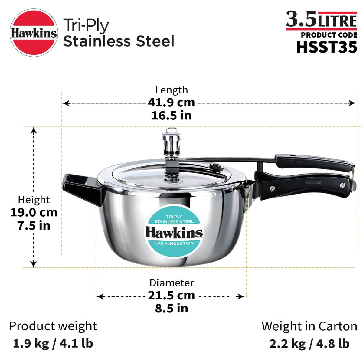 Hawkins Triply Stainless Steel Pressure Cooker - Inner Lid, Induction Compatible with 3mm Extra-Thick Base