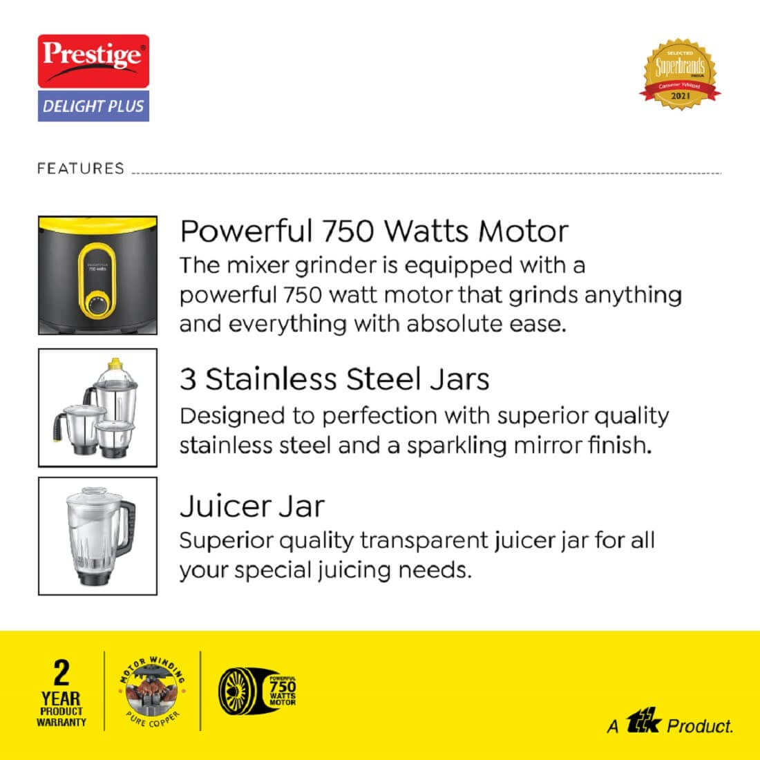 Prestige Delight Plus 750W Mixer Grinder | 3 SS Jars & 1 Juicer Jar