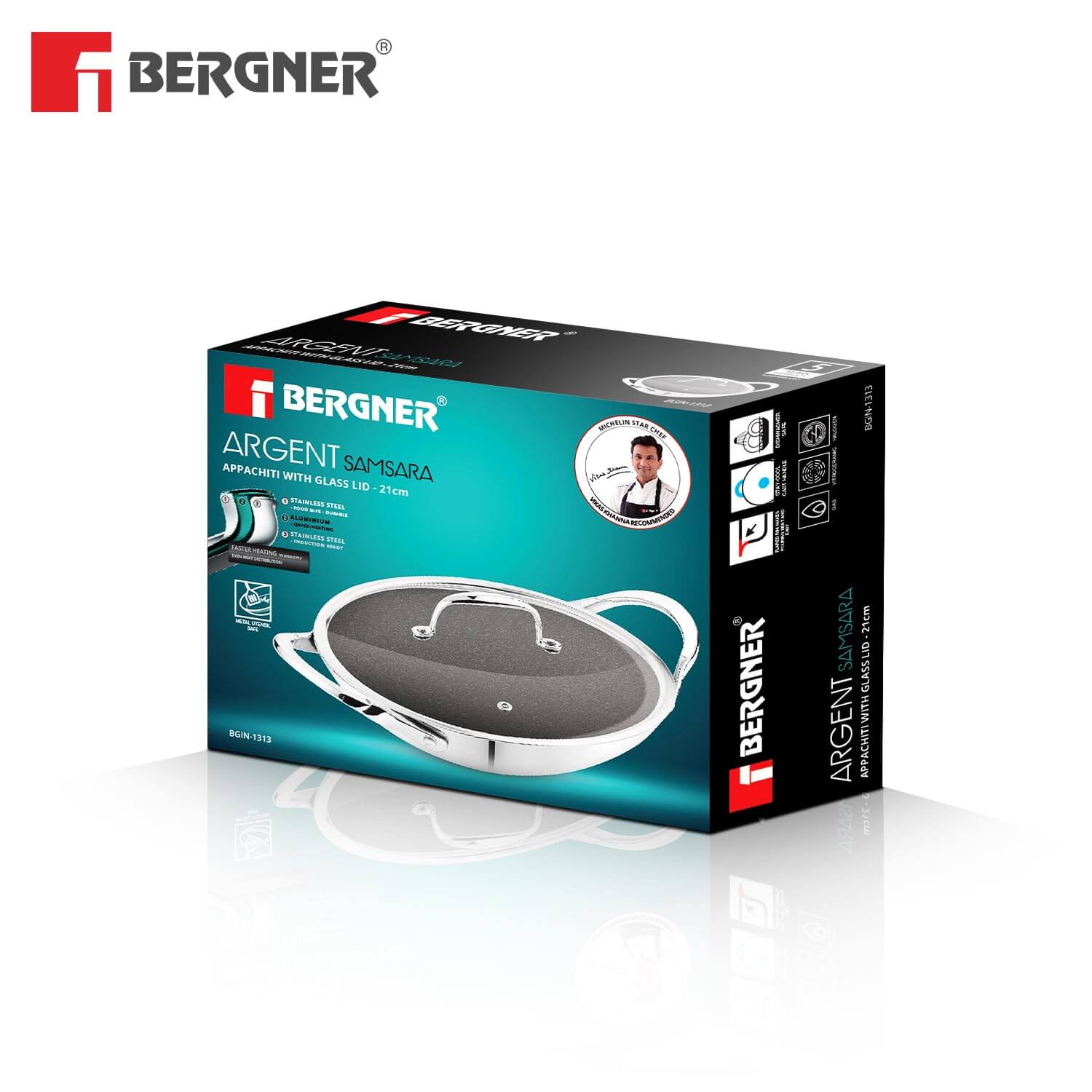 Bergner Argent Samsara Triply Stainless Steel Appachetty 21cm with glass lid and non-stick coating