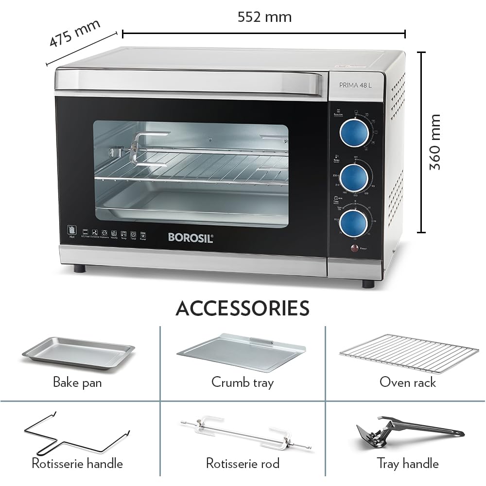 Borosil Prima 48L Oven Toaster Griller (OTG) Motorized Rotisserie, Convection Heating