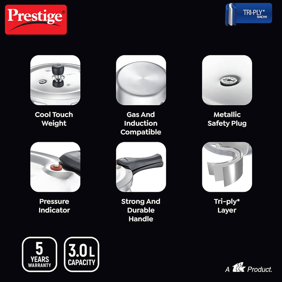 Prestige Svachh Triply Induction Base Outer Lid Pressure Cooker - Deep Lid, Spillage Control, 5-Year Warranty