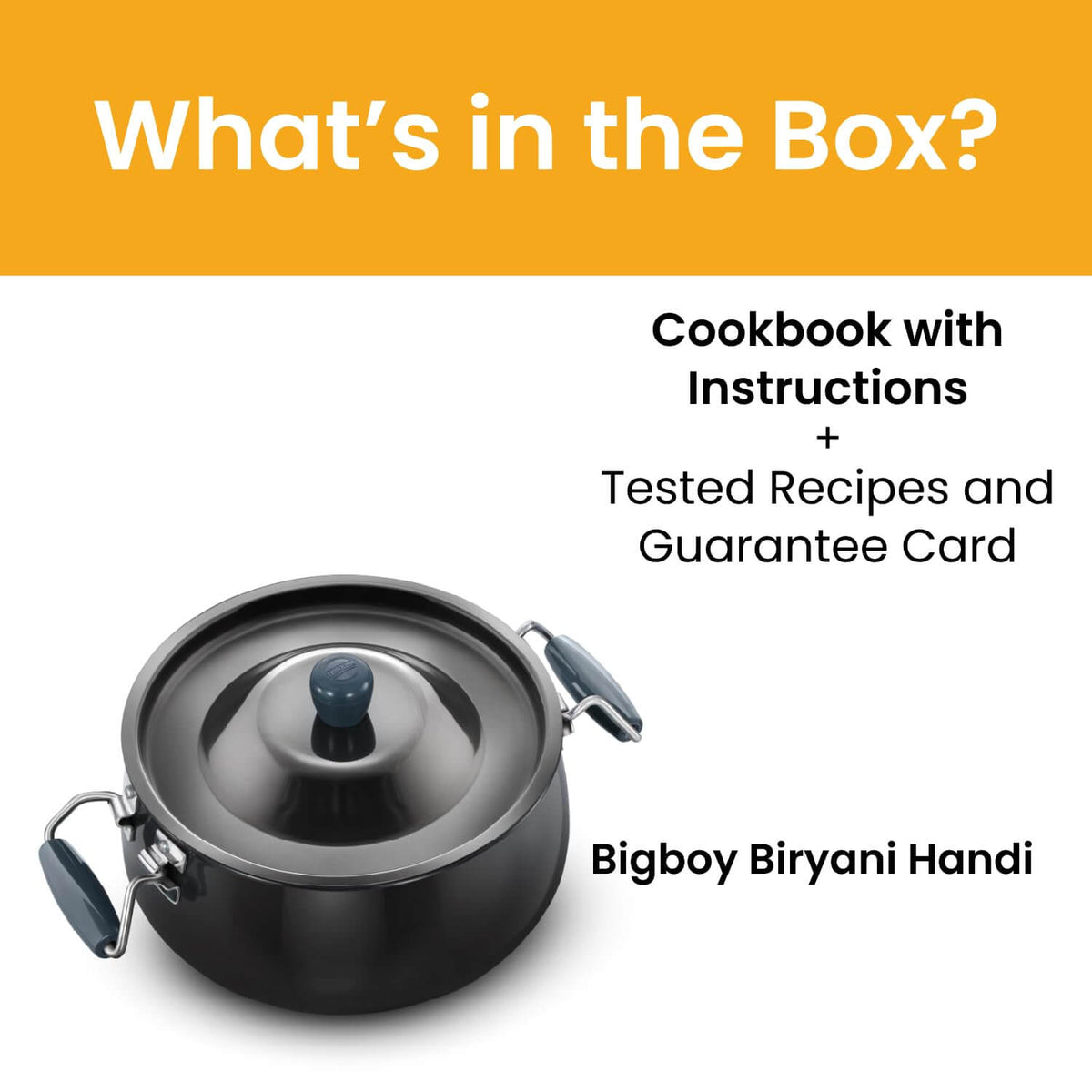 Hard anodised biryani handi showing unique dum cooking lid design